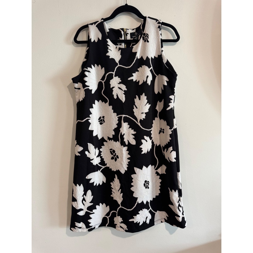 Ronni Nicole Floral Shift Dress Women 12 Black White Embroidered Sleeveless